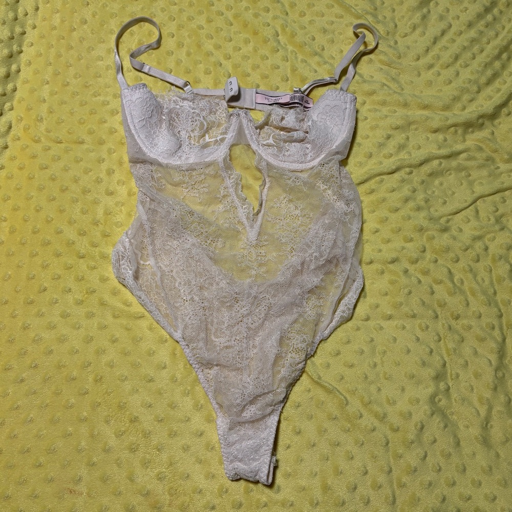 Victoria's Secret Sheer Lace Bodysuit in White